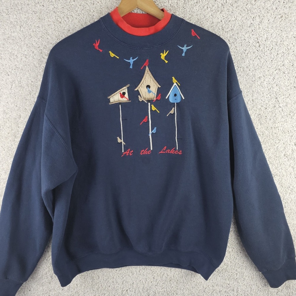 Vintage 90s Embroidered At The Lakes Birds Birdhouse Baggy Sweatshirt Women's XL